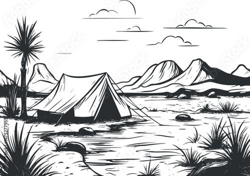 Black and white sketch of a camping tent set in a desert landscape with mountains and cloudy sky