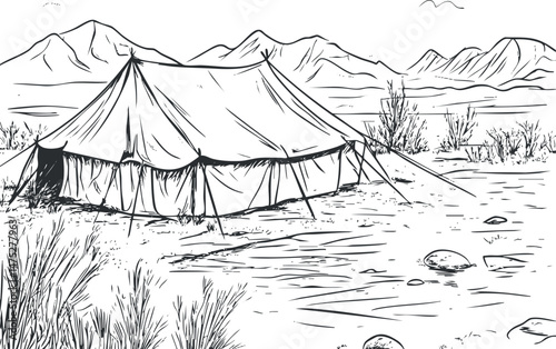 Black and white sketch of a large camping tent set in a mountainous wilderness landscape with dry brush and rocks.