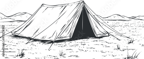 Black and white sketch of a pitched camping tent in a mountainous outdoor wilderness landscape