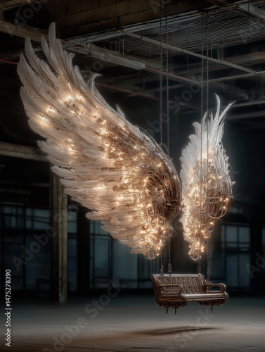 Book cover with Angel swing with large light-up mechanical wings in dark empty room.