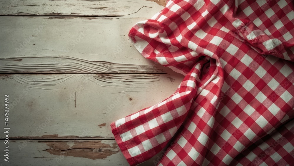 Obraz premium Table setting with red picnic cloth on wooden table and space for text