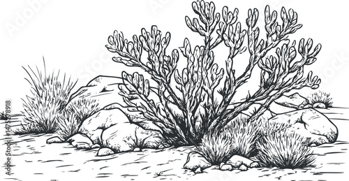 Black and white illustration of a cactus shrub surrounded by rocks and dry desert plants in arid landscape