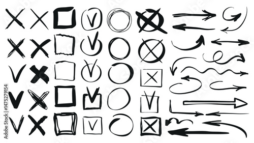 Check marks and arrows set of marker brush stroke texture. Doodle handwriting elements with black hand drawn cross or tick checkboxes, square vote frames and different cursors. Vector illustration.