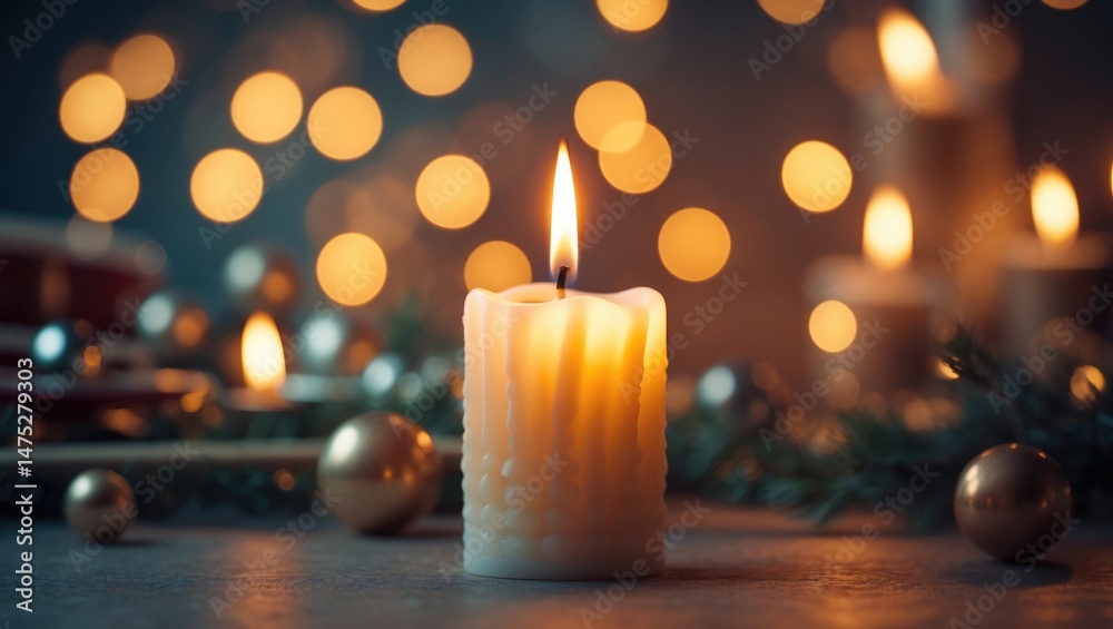 Holiday ambiance with a lit candle and instruments in the backdrop Holiday ambiance with a lit candle and instruments in the backdrop