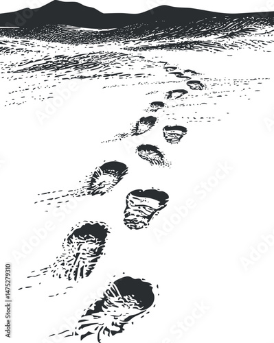 Black and white illustration of footprints in desert sand leading toward distant mountains under a clear sky.