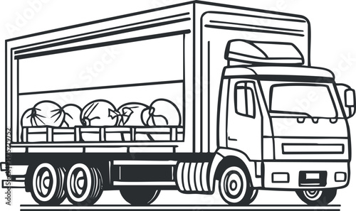 Black and white line drawing of a cargo truck carrying large bags loaded onto a flatbed trailer for transportation