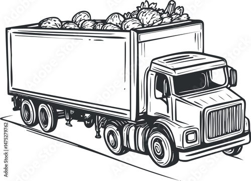 Black and white illustration of a large cargo truck loaded with goods for transportation and delivery