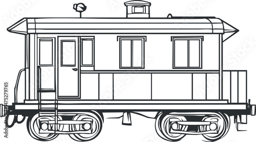 Black and white line drawing of a vintage railroad locomotive train side view with detailed wheels and cabin