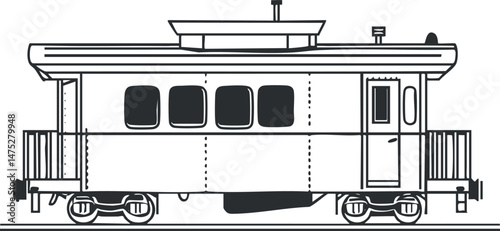 Black and white side view illustration of a classic train railcar on railway tracks for transportation and travel.
