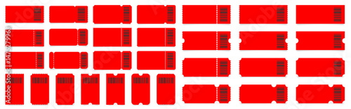 Set of red ticket mockups with bar codes, ruffle edges and shadows. Empty template. Concert, movie or theater ticket. Boarding blank, lottery, sale coupon