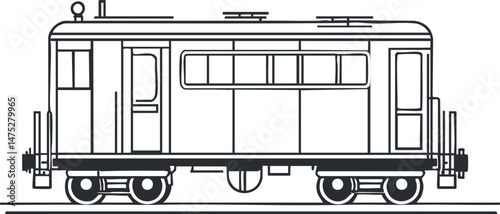 Black and white outline illustration of a railcar train on railway tracks side view