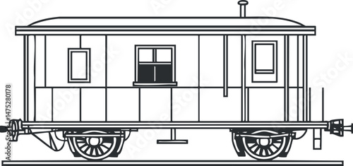 Black and white outline illustration of a vintage passenger railcar on railway tracks side view