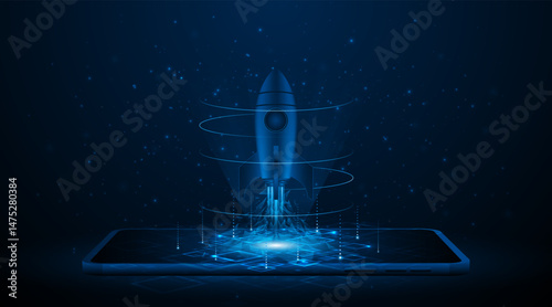 Launch a rocket into space set on a tablet or smartphone. Ideas for starting a startup business. The growth or success of the company. Digital technology development project	