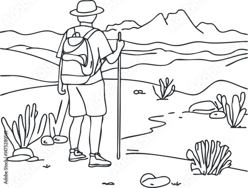 Line drawing of a hiker with backpack and walking stick exploring a mountainous natural landscape with desert plants.