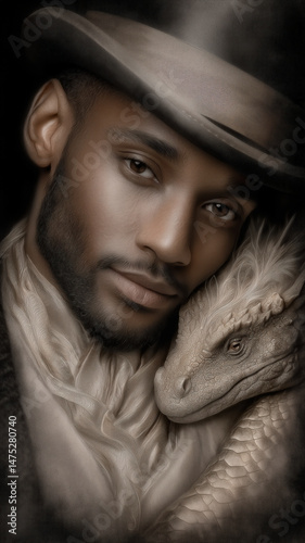 Book cover with man in top hat and dragon by steampunk style.
