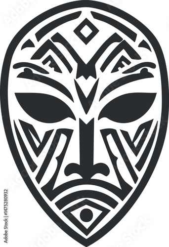Abstract tribal mask face design with bold black and white tattoo style patterns