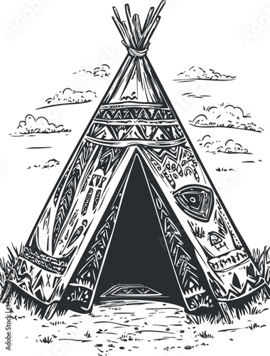 Hand drawn black and white illustration of a traditional teepee tent with tribal patterns and outdoor natural setting