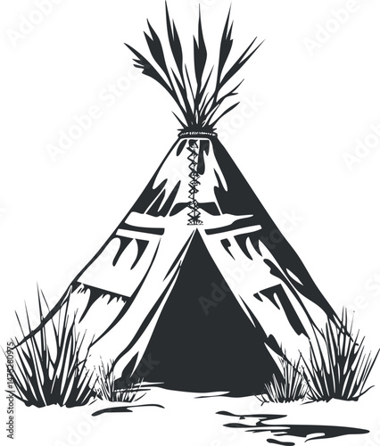 Black and white illustration of a traditional native teepee tent with grass and natural elements