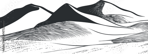 Black and white line drawing of a mountainous landscape with hills and ridges in a minimalist style.