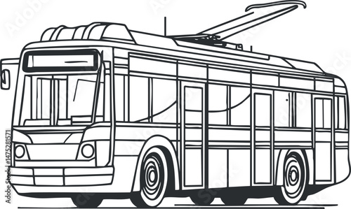 Black and white line drawing of an electric trolleybus used for public urban transportation