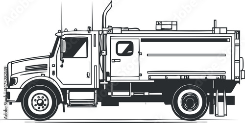 Side view illustration of a large water truck used for industrial and construction purposes transporting water or liquids.
