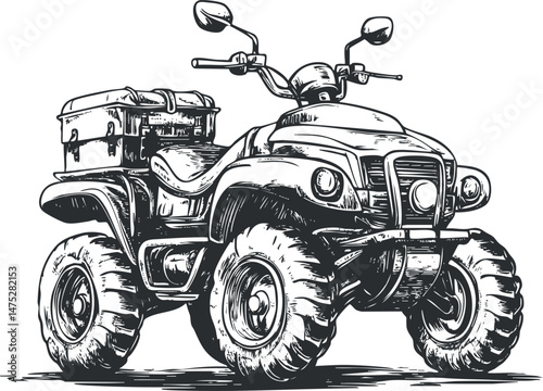 Black and white detailed illustration of an all terrain vehicle ATV with large tires and storage box for off road adventure