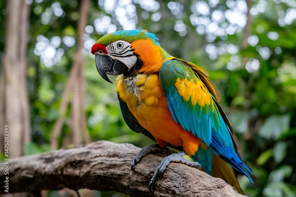 Obraz premium Colorful macaw parrot perched on tree branch in lush jungle habitat
