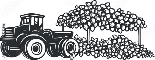 Black and white illustration of a tractor next to apple trees loaded with fruit in a farm orchard.