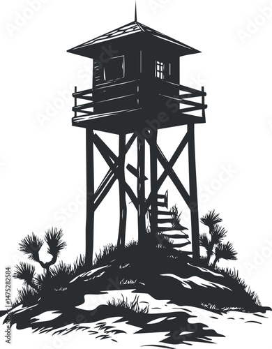 Silhouette of a wooden watchtower on a hill surrounded by bushes and trees, isolated on white background.