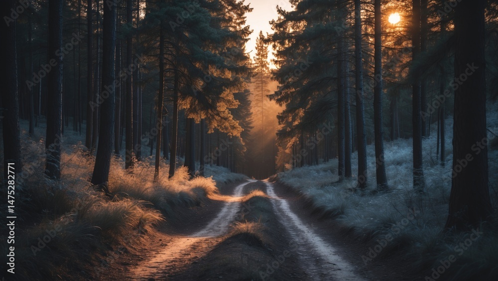 Naklejka premium Harmony Among Snow-Covered Pines: Welcoming the Crisp Elegance of a Winter Daybreak