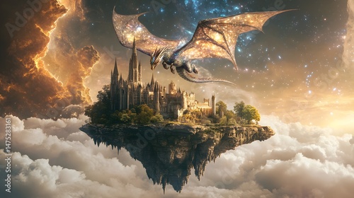 Majestic Dragon and Castle: A stunning fantasy scene where a powerful dragon soars above a medieval castle floating in the clouds, a breathtaking composition of myth and majesty.