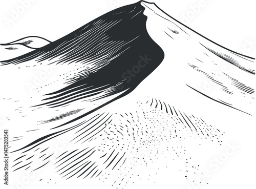 Black and white sketch illustration of a mountain peak with detailed ridges and slopes showing natural terrain