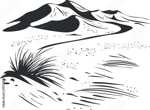 Black and white illustration of a desert landscape with sand dunes, sparse grass, and distant mountains.