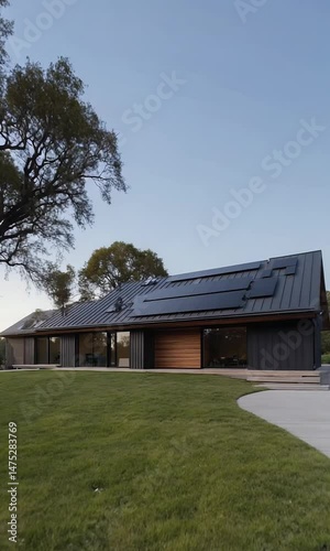 Wallpaper Mural Modern Eco-Friendly Home with Rooftop Solar Panels, Green Lawn and Trees, Long Sunlight Shadows, Centered Composition with Driveway, Photorealistic Scene and Sky Negative Space for Title Placement Torontodigital.ca