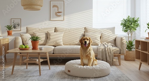Adorable Labrador dog sitting on pet bed at home