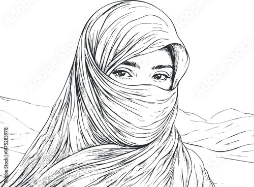 Black and white line drawing of a woman wearing a veil covering her face with visible eyes and a desert landscape background.