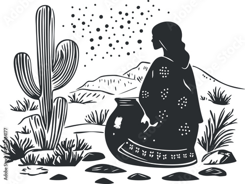 Black and white silhouette illustration of a woman with pottery in a desert landscape with cactus and mountains