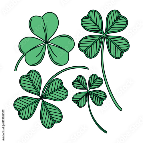 Set of Green Shamrock Clover Leaf in Cartoon and Flat Style St Patrick’s Day Lucky symbol vector collection, isolated on transparent