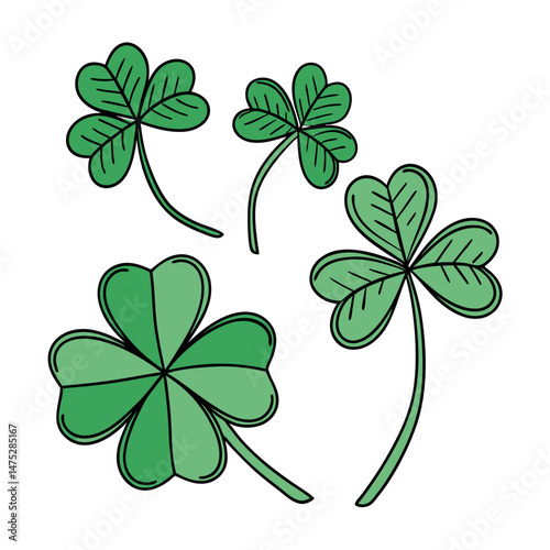 Set of Green Shamrock Clover Leaf in Cartoon and Flat Style St Patrick’s Day Lucky symbol vector collection, isolated on transparent