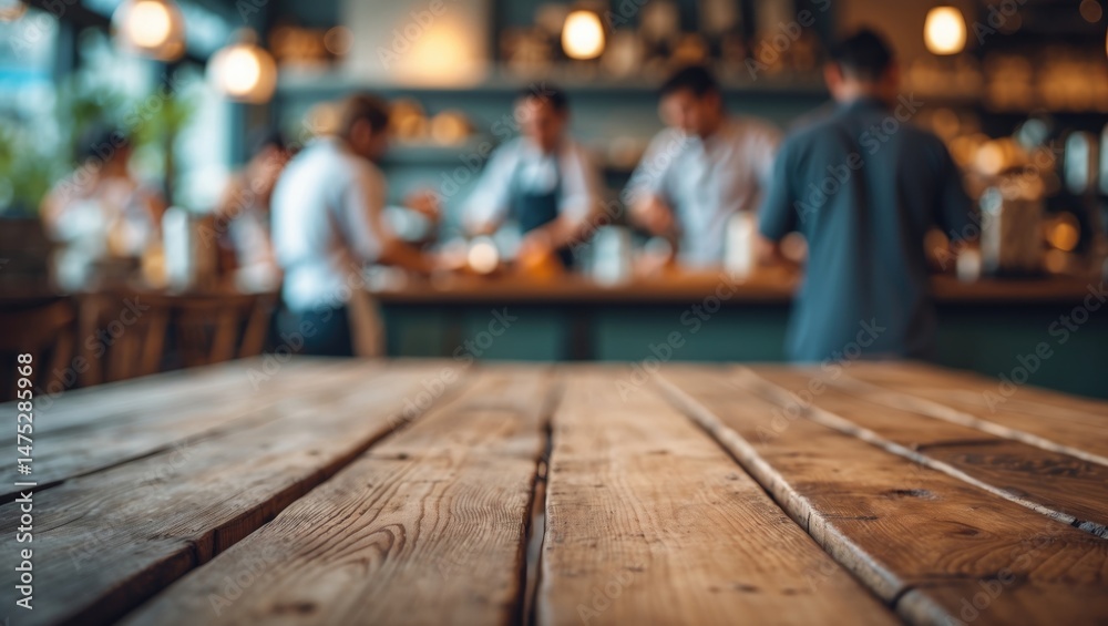 Blurred restaurant interior as a backdrop to an empty wooden table Blurred restaurant interior as a backdrop to an empty wooden table