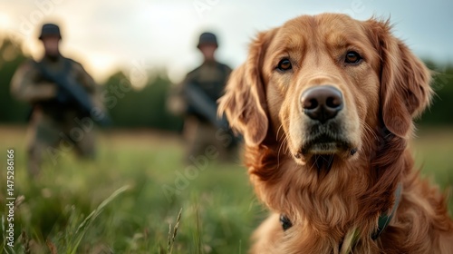 A close-up of a golden retriever dog gazes lovingly at the camera, contrasting with soldiers in the background, highlighting companionship and loyalty in challenging situations.