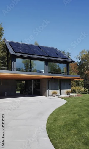 Modern Eco-Friendly Home with Rooftop Solar Panels, Green Lawn and Trees, Long Sunlight Shadows, Centered Composition with Driveway, Photorealistic Scene and Sky Negative Space for Title Placement