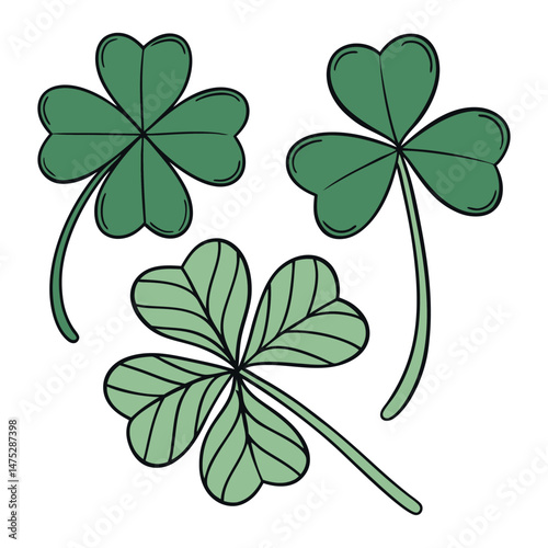 Set of Green Shamrock Clover Leaf in Cartoon and Flat Style St Patrick’s Day Lucky symbol vector collection, isolated on transparent