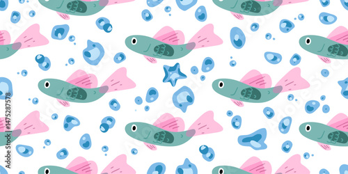 Seamless Tropical Fish Bubble Pattern. Repeating green fish with pink fins, blue bubbles and small star shapes in a playful flat cartoon style on a white background.