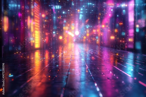 Vivid reflections of neon lights in a rainy urban environment at night with cars navigating the slick streets