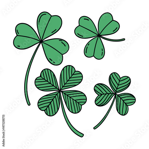 Set of Green Shamrock Clover Leaf in Cartoon and Flat Style St Patrick’s Day Lucky symbol vector collection, isolated on transparent