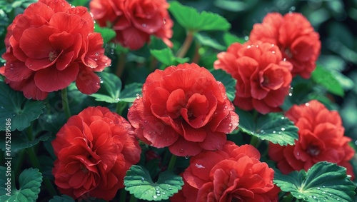 A macro image of bright red blossoms in a summer botanical garden.