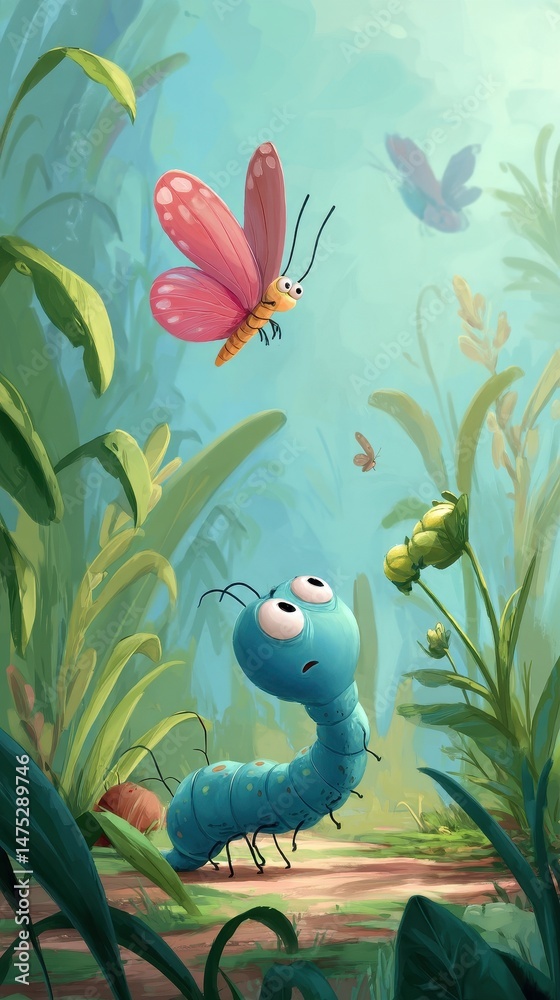 Obraz premium A whimsical illustration of a butterfly and caterpillar.