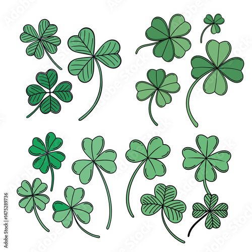 Set of Green Shamrock Clover Leaf in Cartoon and Flat Style St Patrick’s Day Lucky symbol vector collection, isolated on transparent