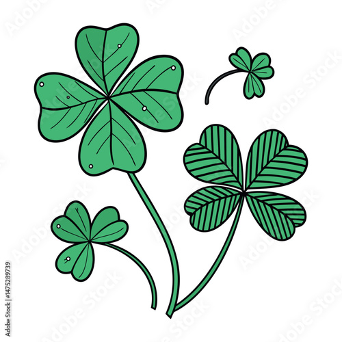 Set of Green Shamrock Clover Leaf in Cartoon and Flat Style St Patrick’s Day Lucky symbol vector collection, isolated on transparent